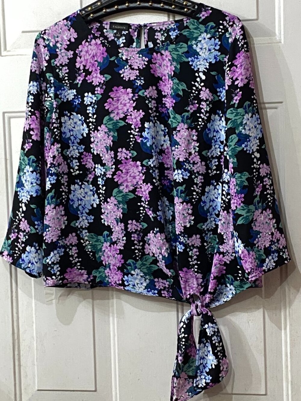 Talbots Sz L Blouse 3/4 Sleeve Tie Front Black/Multi Floral